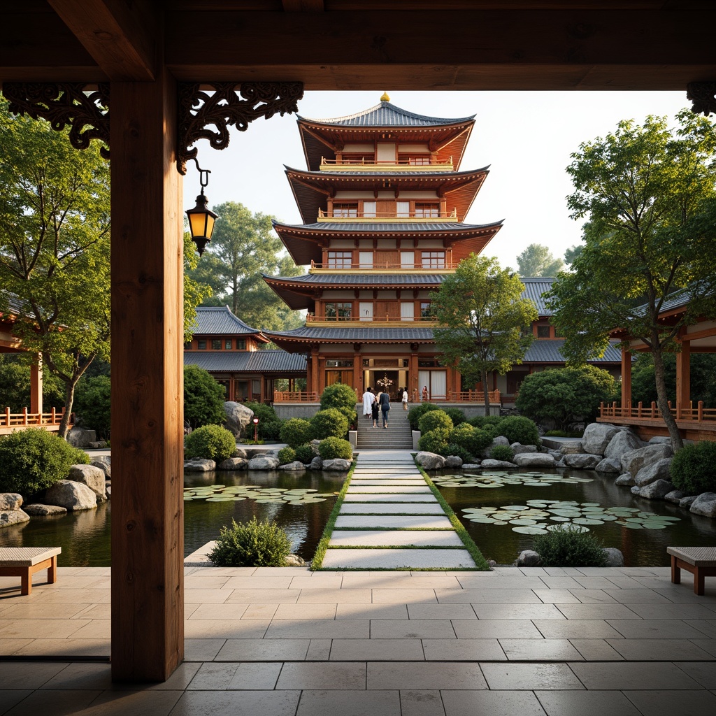 Prompt: Vibrant pagoda, intricately carved wooden accents, ornate lanterns, lush greenery, bonsai trees, serene koi ponds, natural stone pathways, traditional Japanese tatami mats, sliding shoji screens, minimalist decor, subtle rice paper textures, warm soft lighting, shallow depth of field, 1/1 composition, realistic reflections, ambient occlusion.