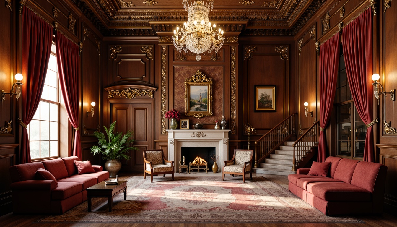 Prompt: Luxurious interior, ornate Victorian style moldings, intricate carvings, rich wood tones, lavish furnishings, velvet drapes, crystal chandeliers, marble fireplaces, grand staircases, opulent fabrics, golden accents, soft warm lighting, shallow depth of field, 3/4 composition, realistic textures, ambient occlusion.