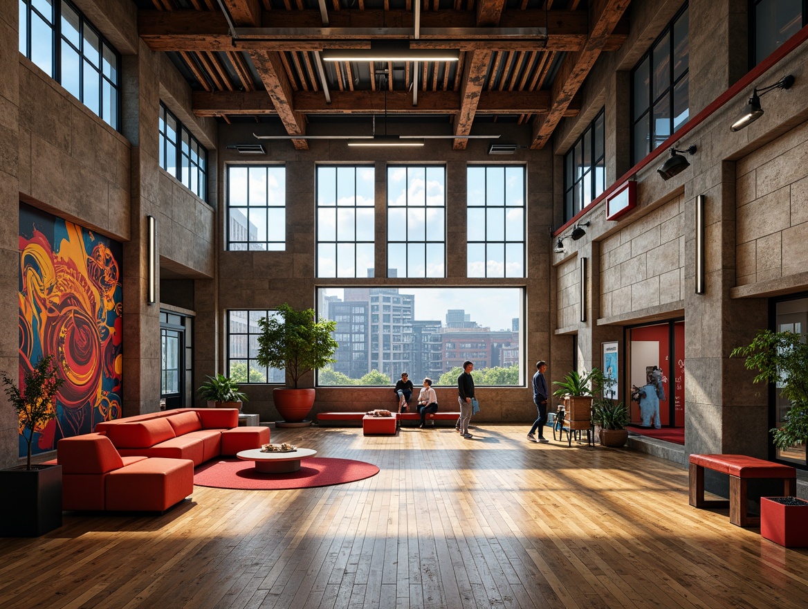 Prompt: Vibrant gymnasium interior, bold expressionist style, contrasting textures, rough-hewn stone walls, polished wooden floors, industrial metal beams, distressed concrete columns, dynamic color palette, bright accent lighting, atmospheric shadows, oversized athletic equipment, abstract geometric shapes, futuristic sports-inspired furniture, eclectic mix of vintage and modern elements, dramatic ceiling heights, panoramic cityscape views, cinematic 3/4 composition, high-contrast ratio, stylized realistic rendering.