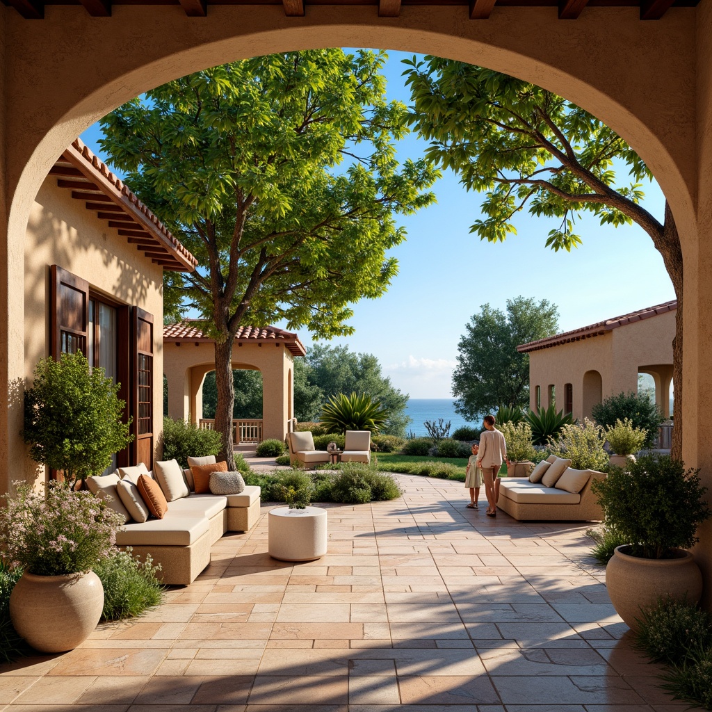 Prompt: Tranquil outdoor living space, lush green Mediterranean gardens, citrus trees, blooming flowers, natural stone paving, curved archways, ornate ironwork, rustic wooden doors, warm earthy color palette, textured stucco walls, red-tiled roofs, picturesque ocean views, sunny day, soft warm lighting, shallow depth of field, 3/4 composition, panoramic view, realistic textures, ambient occlusion.