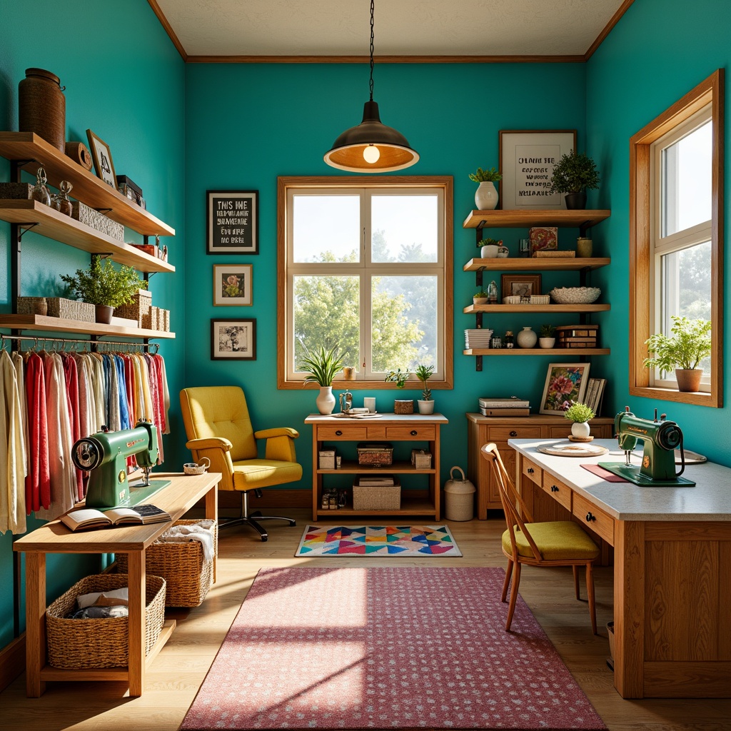 Prompt: Whimsical craft room, bright turquoise walls, warm golden lighting, wooden workbenches, eclectic decorative accents, vintage sewing machines, colorful fabric scraps, creative supply storage, rustic wooden shelves, natural woven baskets, inspirational quote prints, playful polka dot patterns, cheerful yellow chairs, modern geometric rugs, cozy throw blankets, stimulating artistic atmosphere, shallow depth of field, 1/1 composition, warm soft focus.