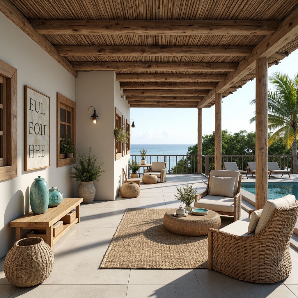 Prompt: Coastal villa, driftwood accents, ocean-inspired color palette, soft sandy textures, natural fiber rugs, woven rattan furniture, coral-patterned ceramics, turquoise glass decor, nautical rope details, distressed wood finishes, beachy signage, salty air atmosphere, warm sunny day, shallow depth of field, 1/1 composition, panoramic view, realistic textures, ambient occlusion.