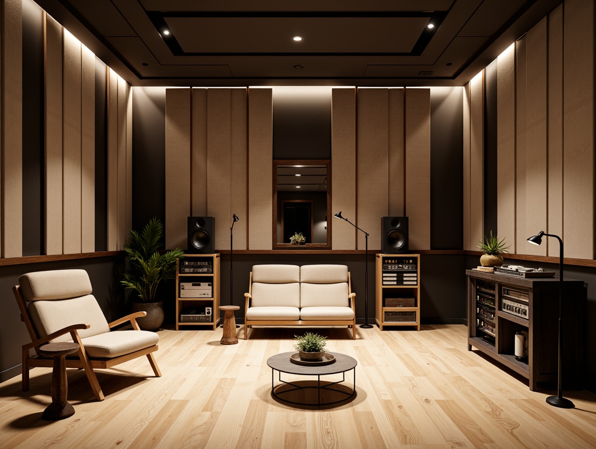 Prompt: Modern recording studio, soundproofing materials, acoustic panels, diffused sound waves, minimal echo, professional audio equipment, comfortable seating areas, wooden flooring, sound-absorbing curtains, LED lighting, minimalist decor, 1/1 composition, warm neutral colors, shallow depth of field, realistic textures.