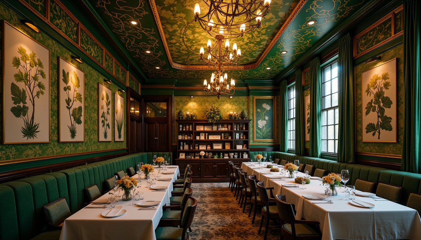 Prompt: Luxurious Art Nouveau dining room, rich jewel tones, emerald green walls, golden accents, ornate metalwork, flowing organic patterns, whimsical botanical illustrations, warm candlelight, soft velvet fabrics, dark wood furnishings, intricately carved cabinetry, elegant curved lines, nature-inspired motifs, muted earthy undertones, sophisticated ambiance, vintage charm, ornate chandeliers, subtle shimmering effects, 1/2 composition, dramatic shadows, warm golden lighting.