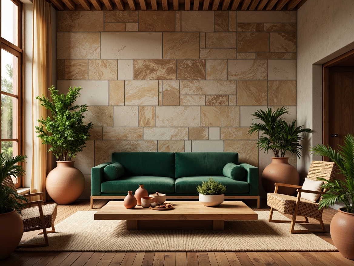 Prompt: Earthy-toned living room, natural stone walls, reclaimed wood flooring, plush green velvet sofa, woven wicker armchairs, terracotta planters, lush potted plants, warm beige curtains, earthy ceramic vases, rustic wooden coffee table, soft warm lighting, shallow depth of field, 1/1 composition, realistic textures, ambient occlusion.