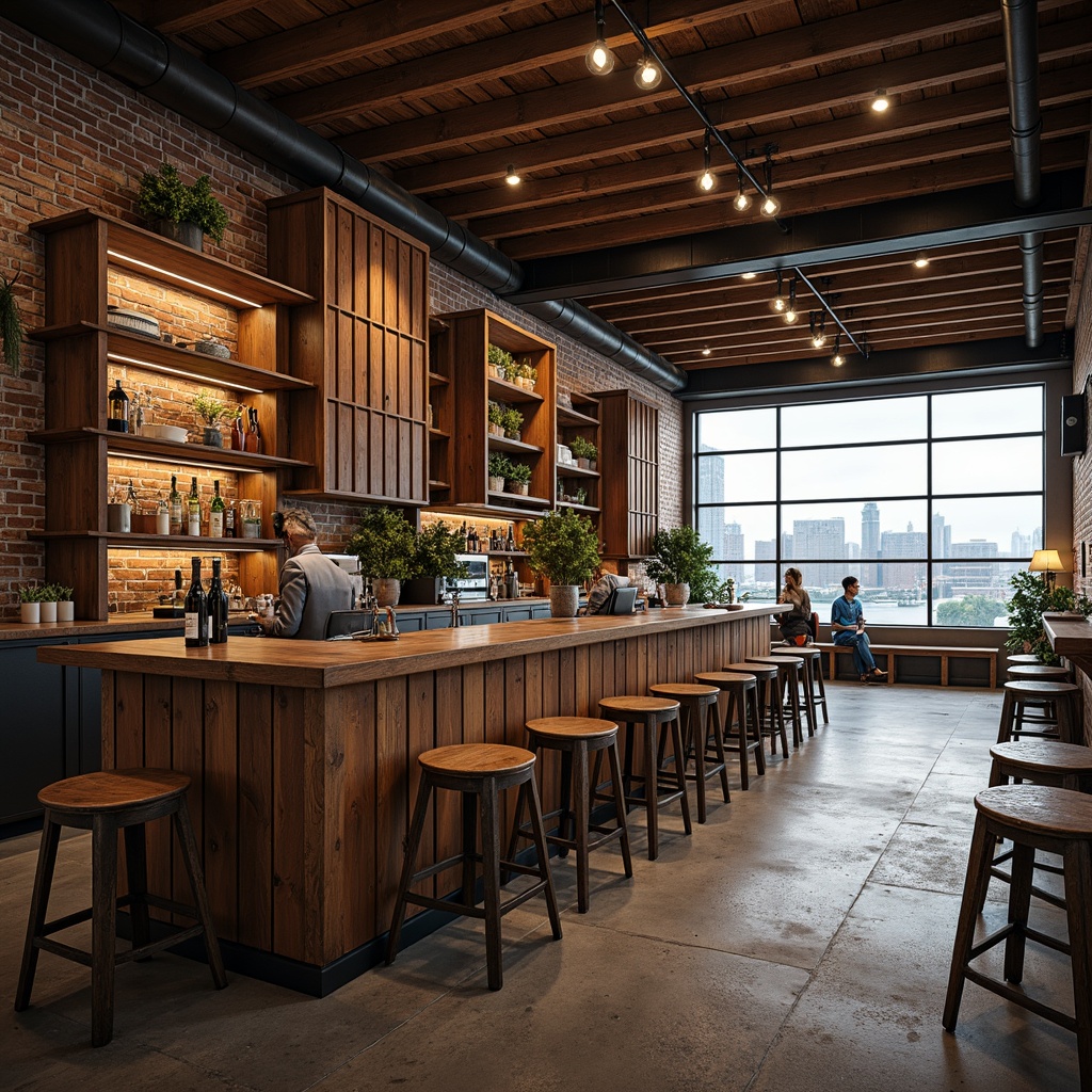 Prompt: Rustic wooden bar, industrial metal beams, exposed brick walls, reclaimed wood accents, vintage factory lights, distressed leather stools, metallic pipe shelving, Edison bulb fixtures, worn concrete floors, urban cityscape views, cloudy day, soft warm lighting, shallow depth of field, 3/4 composition, panoramic view, realistic textures, ambient occlusion.