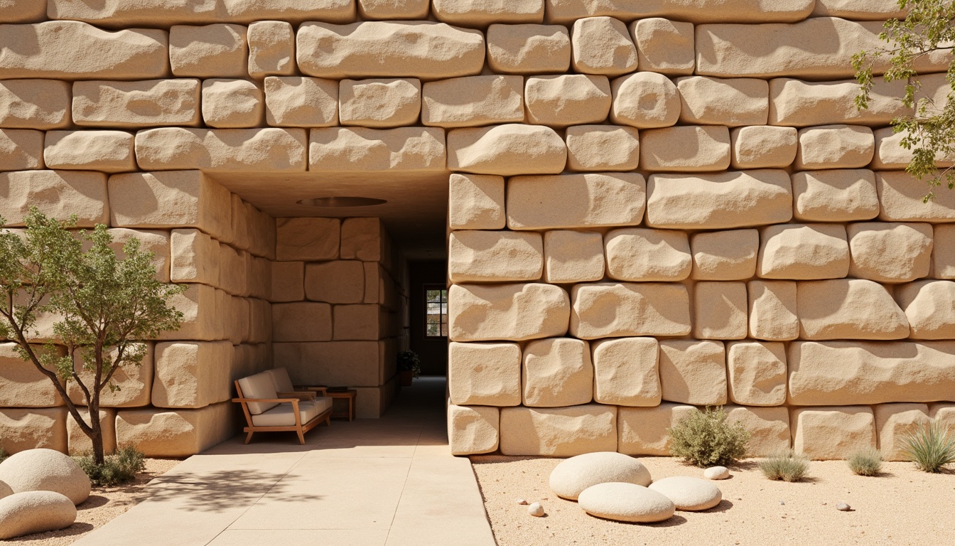 Prompt: Earthy rammed earth wall, natural texture, organic pattern, rustic aesthetic, warm beige color, rough-hewn surface, uneven edges, handmade appearance, eco-friendly materials, sustainable construction, desert landscape, arid climate, sun-baked terrain, minimalist design, simple shapes, brutalist architecture, monolithic structure, earthenware tones, earthy aroma, natural ventilation, passive cooling system, low-maintenance facade, weathered exterior, rough-hewn stones, irregular shapes, organic forms.