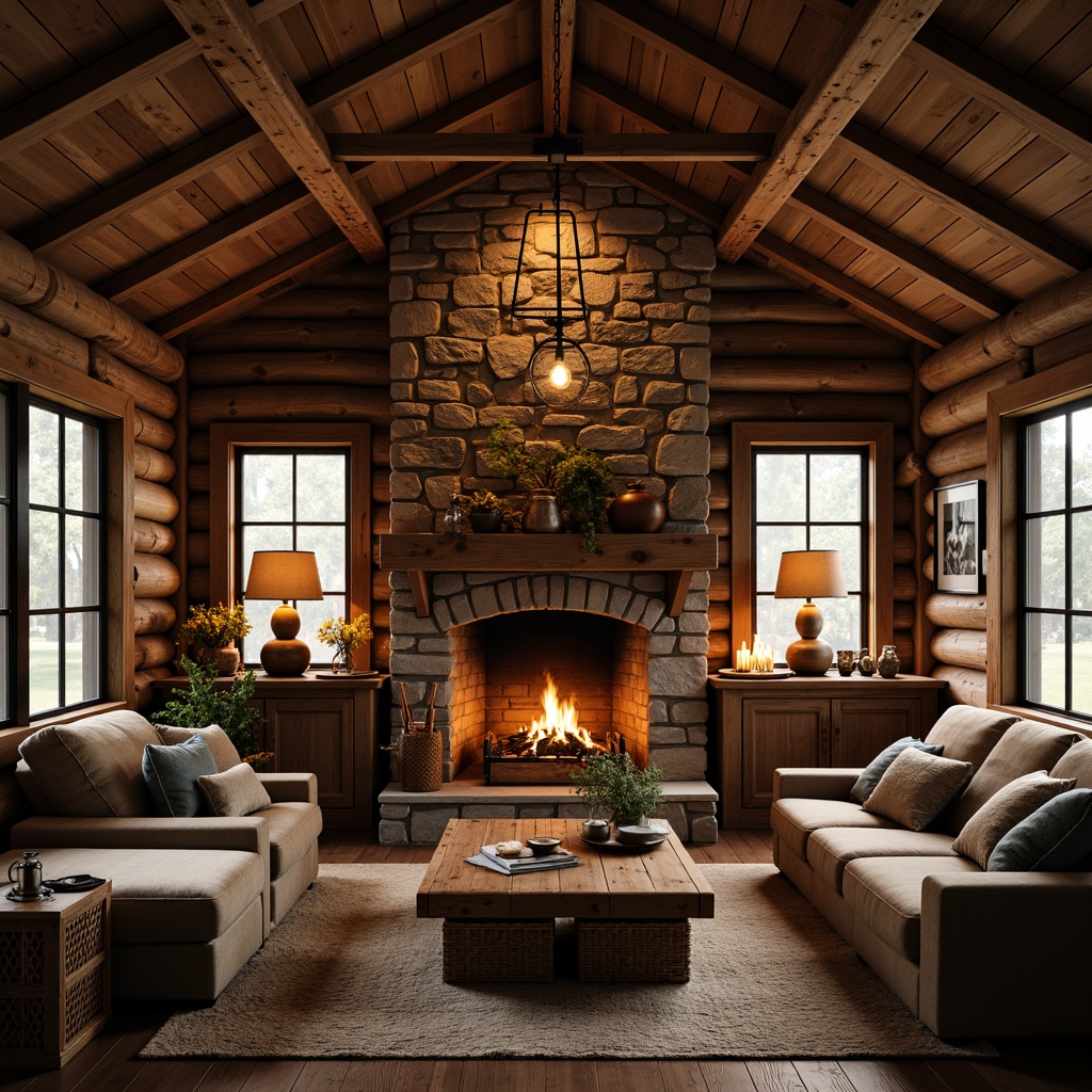 Prompt: Rustic cabin, wooden beams, stone fireplace, earthy tones, natural textures, vintage metal lanterns, distressed wood chandeliers, candlelit ambiance, warm soft lighting, cozy nooks, plush furnishings, woven baskets, nature-inspired decor, ambient shadows, 1/1 composition, warm color palette, realistic materials.