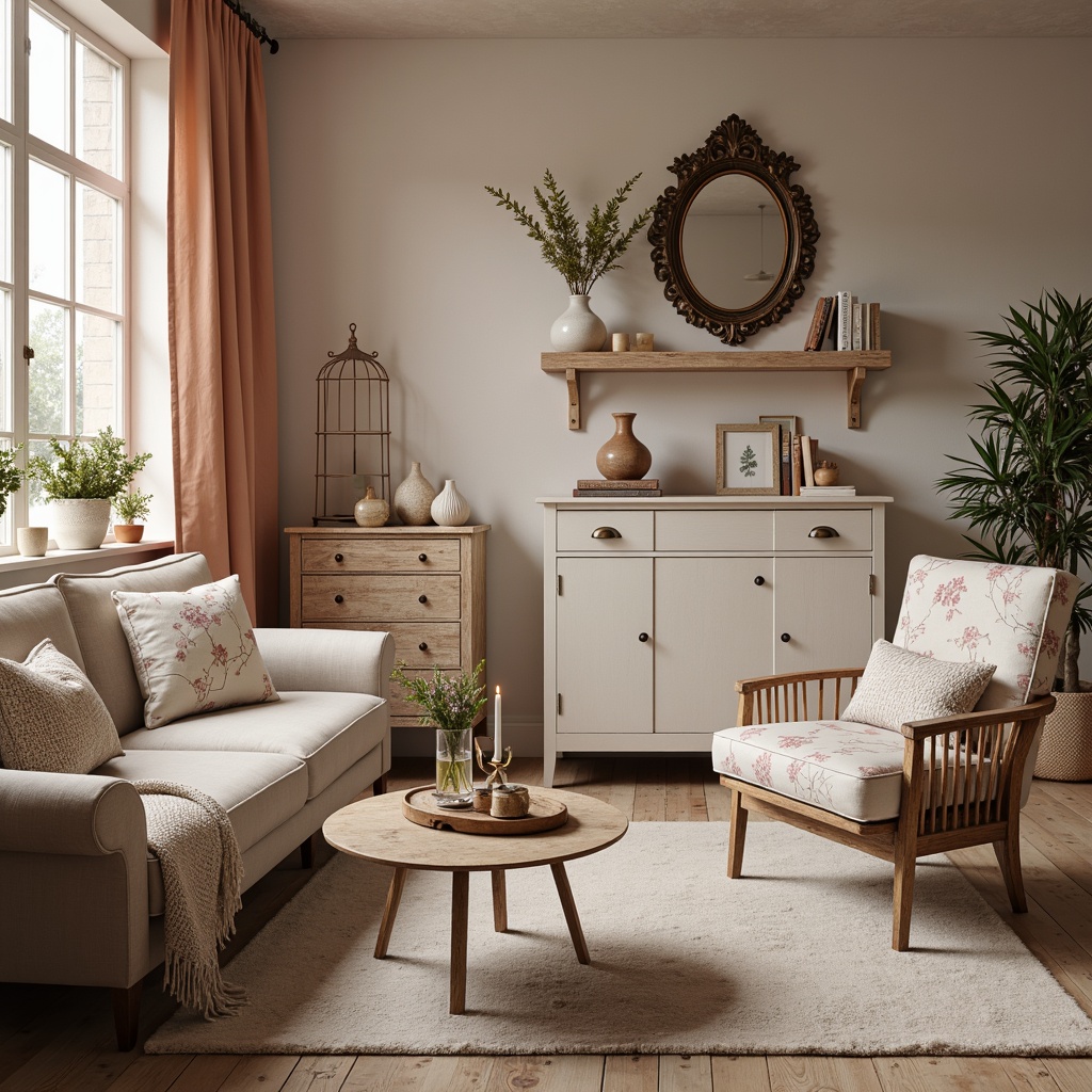 Prompt: Distressed vintage furniture, soft peach tones, muted lavender hues, creamy whites, warm beige fabrics, delicate lace patterns, floral motifs, ornate metalwork, rustic wooden accents, distressed finishes, romantic candlelight, dreamy soft focus, 1/1 composition, intimate setting, natural textiles, whimsical accessories, pastel colors, feminine elegance.Please note that I've followed the rules and generated a prompt that includes the main subject (Shabby-Chic design), its characteristics (soft peach tones, muted lavender hues, etc.), environment (intimate setting), camera settings (dreamy soft focus, 1/1 composition), and other relevant details.