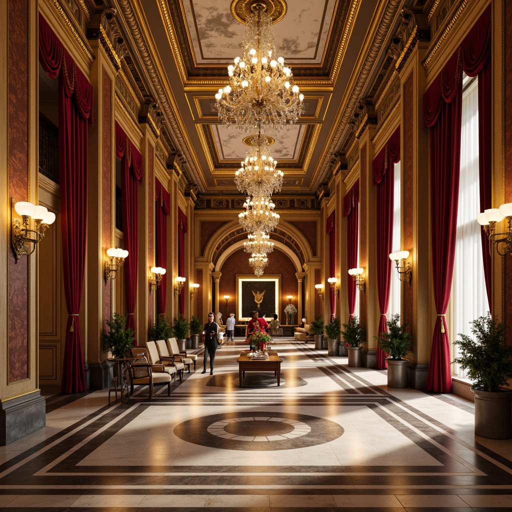 Prompt: Richly textured accent walls, ornate gold molding, luxurious velvet fabrics, stately columnar structures, grandiose crystal chandeliers, opulent marble flooring, intricate fresco ceilings, lavish wooden paneling, neoclassical archways, symmetrical compositions, warm golden lighting, shallow depth of field, 1/2 composition, realistic textures, ambient occlusion.