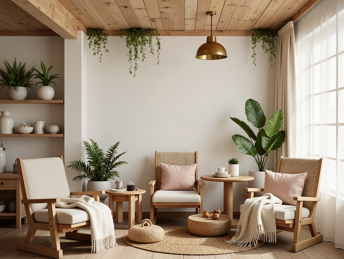 Prompt: Cozy breakfast nook, natural wood accents, minimalist decor, soft pastel colors, plush throw blankets, woven wicker chairs, rustic wooden tables, pendant lamps, greenery plants, warm beige tones, creamy whites, gentle morning light, 1/2 composition, intimate atmosphere, realistic textures, ambient occlusion.