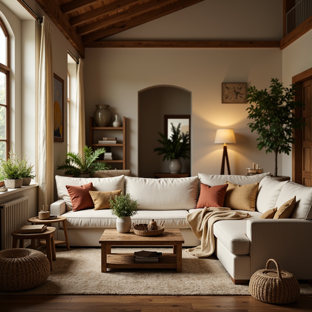 Prompt: Cozy living room, plush sofas, soft cushions, velvety throw blankets, woven baskets, natural fibers, earthy tones, warm beige walls, wooden accents, rustic coffee tables, potted plants, floor lamps, ambient lighting, shallow depth of field, 1/1 composition, realistic textures, soft focus, inviting atmosphere.