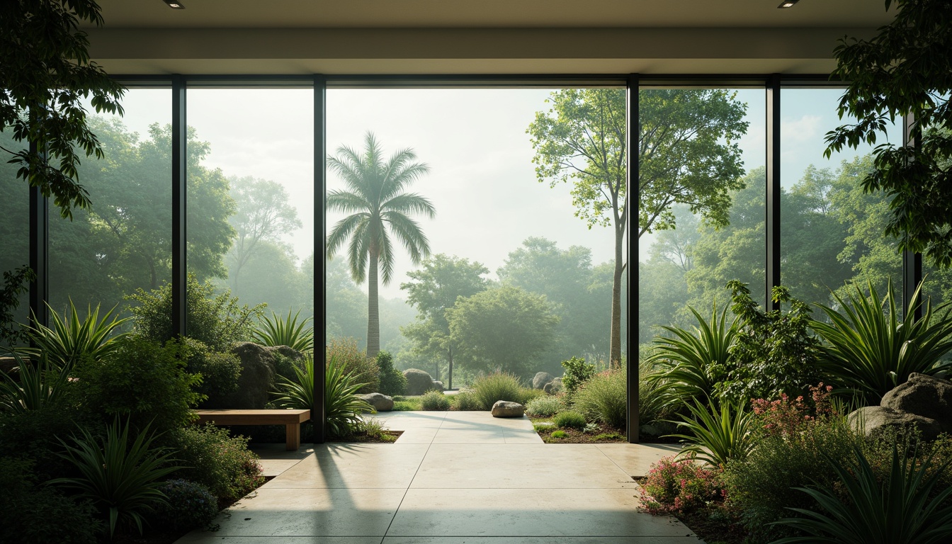 Prompt: Sleek glass walls, minimalist modern architecture, abundant natural light, lush greenery, tropical plants, misty atmosphere, serene ambiance, floor-to-ceiling windows, seamless transitions, indoor-outdoor blur, panoramic views, 1/1 composition, soft warm lighting, subtle reflections, ambient occlusion, realistic textures.