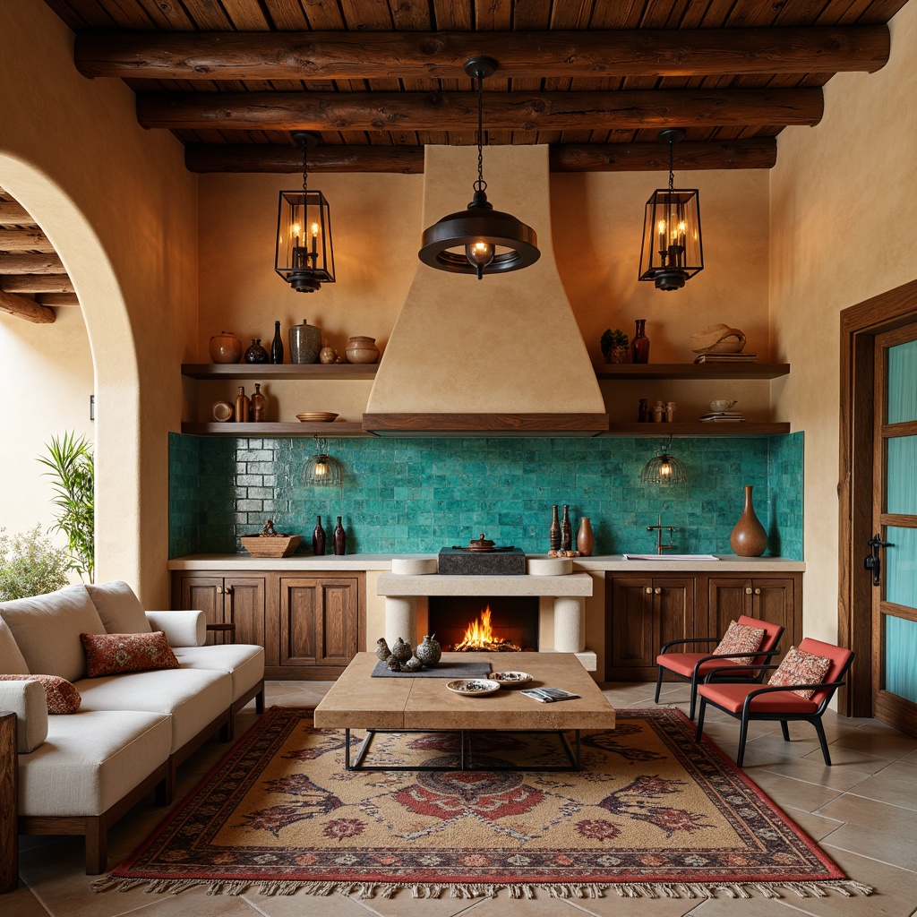 Prompt: Warm-toned pendant lights, rustic metal chandeliers, distressed wood accents, Southwestern-inspired tile work, earthy color palette, natural stone countertops, woven textiles, vibrant turquoise hues, geometric patterned rugs, clay pottery embellishments, wrought iron fixtures, hacienda-style architecture, warm ambient lighting, soft shadows, 1/2 composition, realistic textures, subtle specularity.