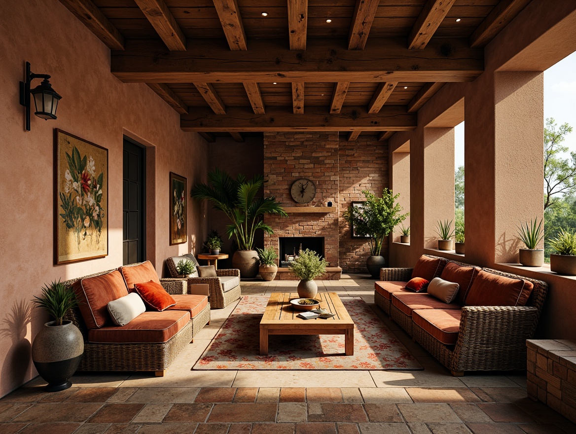 Prompt: Rustic wooden accents, natural stone walls, earthy clay bricks, woven wicker furniture, distressed leather upholstery, vintage metal hardware, ornate ceramic tiles, rich velvet fabrics, intricate wood carvings, organic botanical patterns, warm golden lighting, cozy atmosphere, 3/4 composition, shallow depth of field, realistic textures, ambient occlusion.