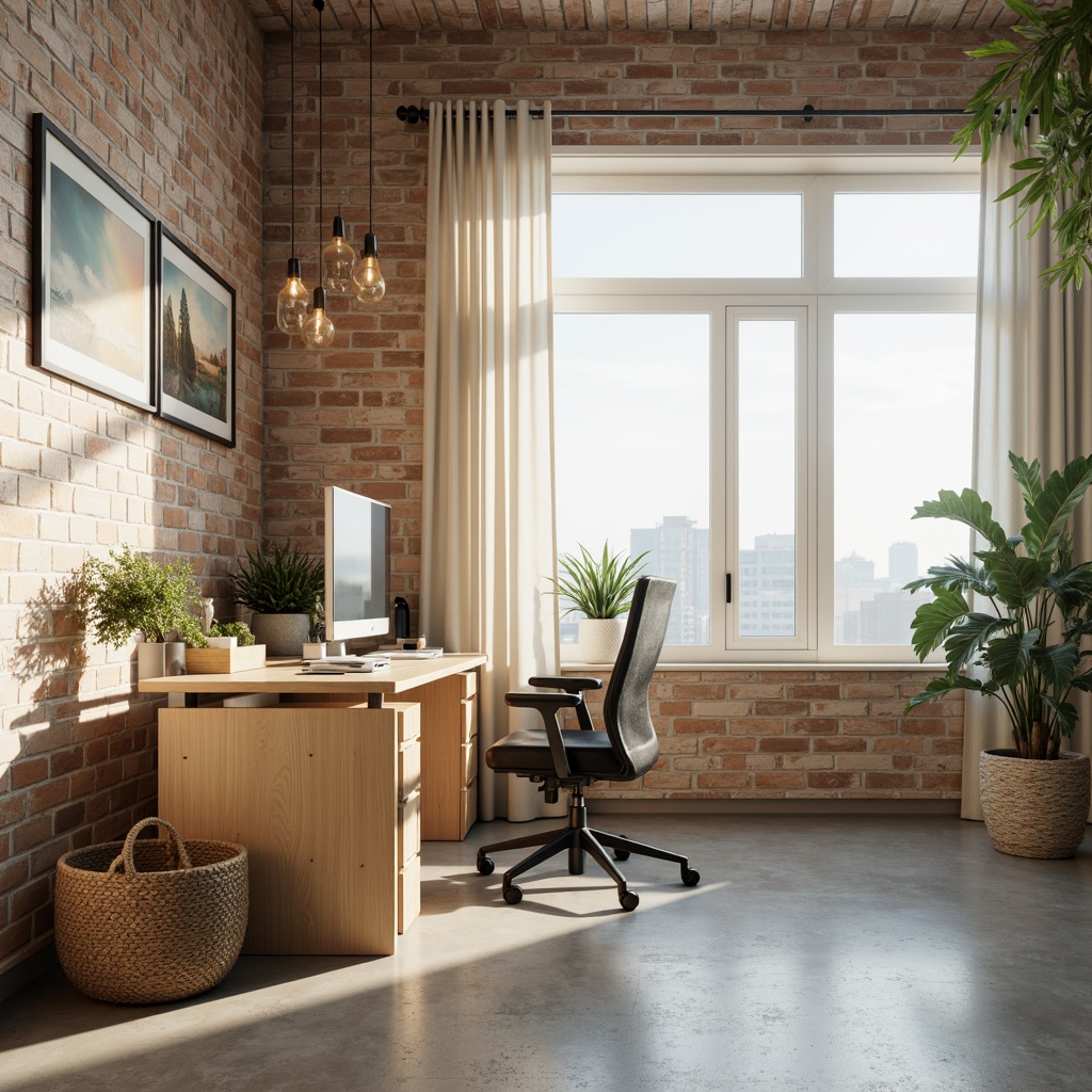 Prompt: Modern office interior, minimalist desk setup, ergonomic chair, natural wood accents, soft warm lighting, pastel color scheme, calming atmosphere, creamy whites, soothing blues, muted greens, earthy tones, industrial chic decor, exposed brick walls, polished concrete floors, urban loft vibe, relaxed ambiance, creative freedom, inspiring workspace, productive environment, 3/4 composition, shallow depth of field, realistic textures, ambient occlusion.