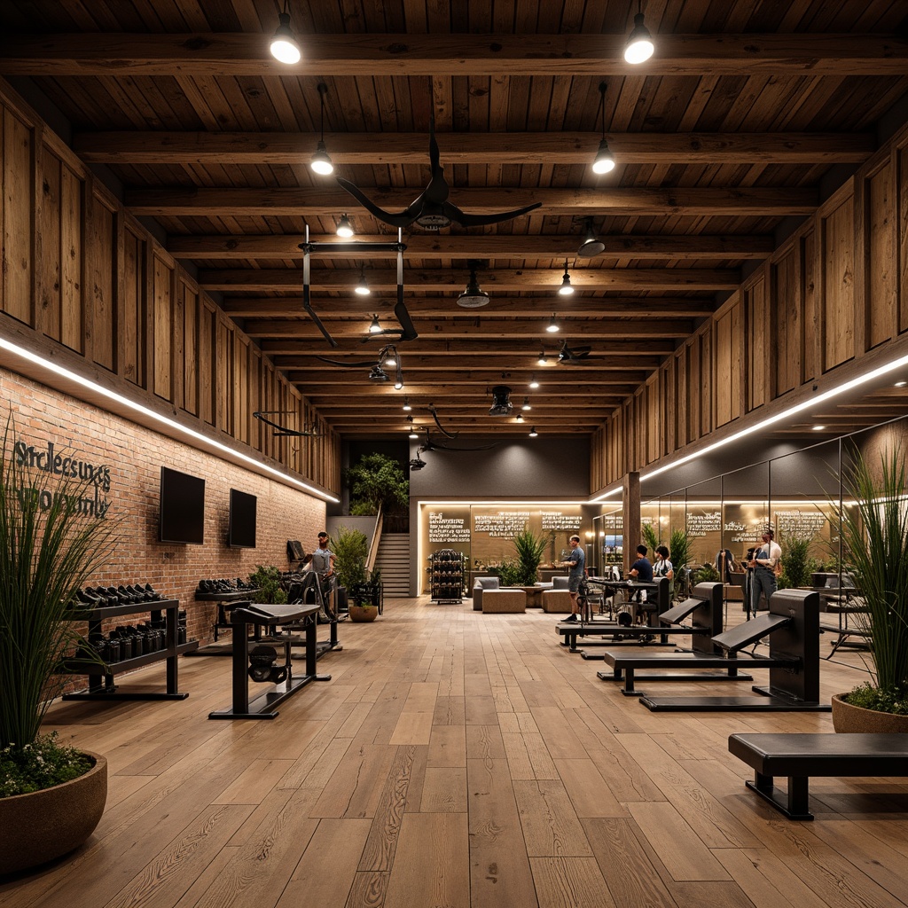 Prompt: Rustic wooden beams, distressed brick walls, vintage industrial equipment, reclaimed wood accents, earthy color palette, warm cozy lighting, metal lanterns, pendant lamps, LED strip lights, ambient glow, high ceilings, open spaces, functional training areas, free weights, cardio machines, mirrored walls, motivational quotes, natural stone flooring, exposed ductwork, wooden gym floors, modern minimalist decor, softbox lights, 1/1 composition, shallow depth of field, realistic textures.