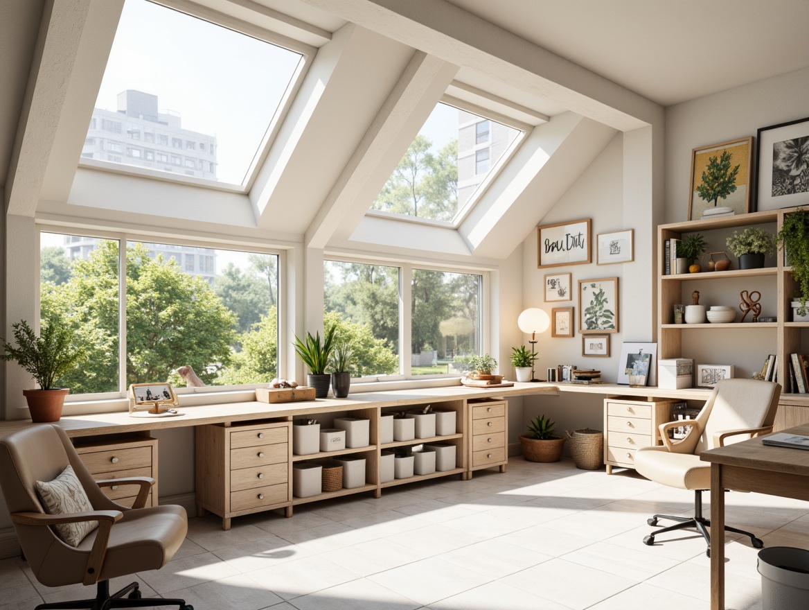 Prompt: Cozy craft room, abundant natural light, large skylights, floor-to-ceiling windows, white wooden floors, minimalist shelves, organized storage bins, comfortable ergonomic chairs, inspirational art pieces, pastel color palette, soft warm lighting, shallow depth of field, 1/1 composition, realistic textures, ambient occlusion.