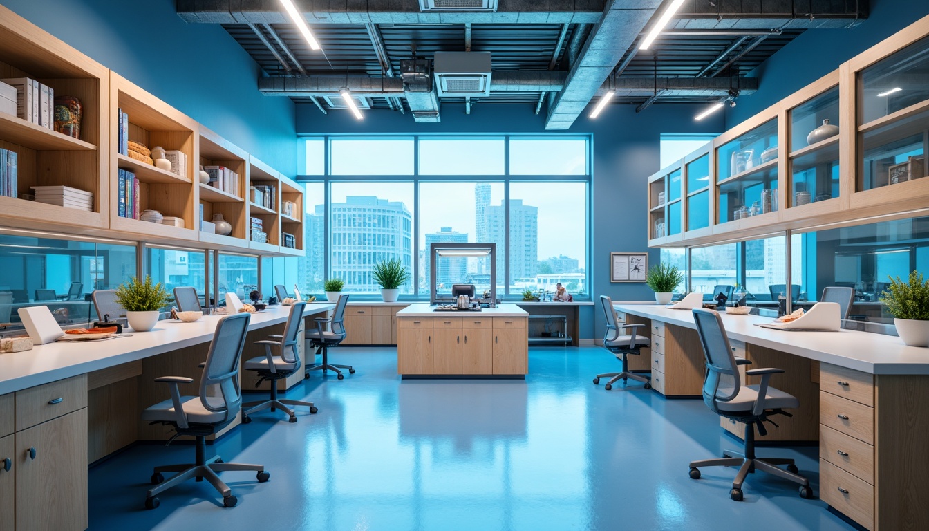 Prompt: Vibrant laboratory interior, calming blue tones, warm beige accents, crisp white countertops, modern stainless steel equipment, sleek glass partitions, natural wood cabinetry, ergonomic chairs, ample task lighting, soft ambient glow, 1/1 composition, shallow depth of field, realistic textures, subtle gradient effects.