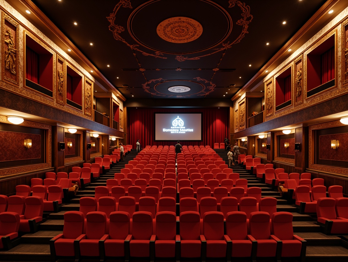 Prompt: Luxurious cinema interior, plush red seats, ornate golden decorations, sophisticated sound systems, acoustic panels, diffusers, absorbers, bass traps, professional audio equipment, state-of-the-art technology, high ceilings, minimal reverberation, precise sound control, immersive cinematic experience, warm atmospheric lighting, 3D surround sound, Dolby Atmos system, comfortable seating arrangement, premium materials, elegant architectural design.