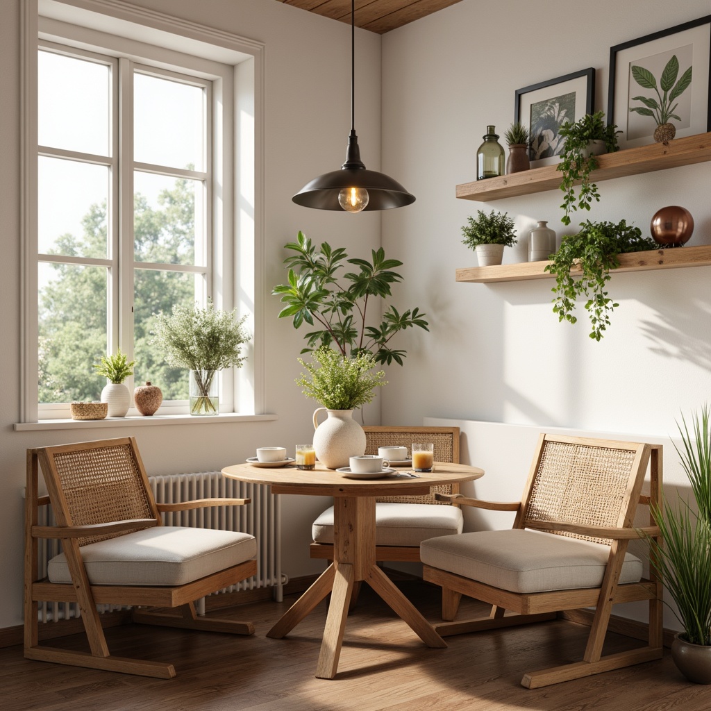 Prompt: Cozy breakfast nook, light-filled windows, creamy white walls, natural wood accents, minimalist decor, sleek wooden table, woven rattan chairs, plush throw pillows, soft linen upholstery, warm candlelight, botanical prints, fresh greenery, Nordic-inspired vases, delicate ceramics, industrial-chic metal lighting, rustic wooden shelves, earthy tone color palette, morning sunlight, shallow depth of field, 1/1 composition, realistic textures, ambient occlusion.