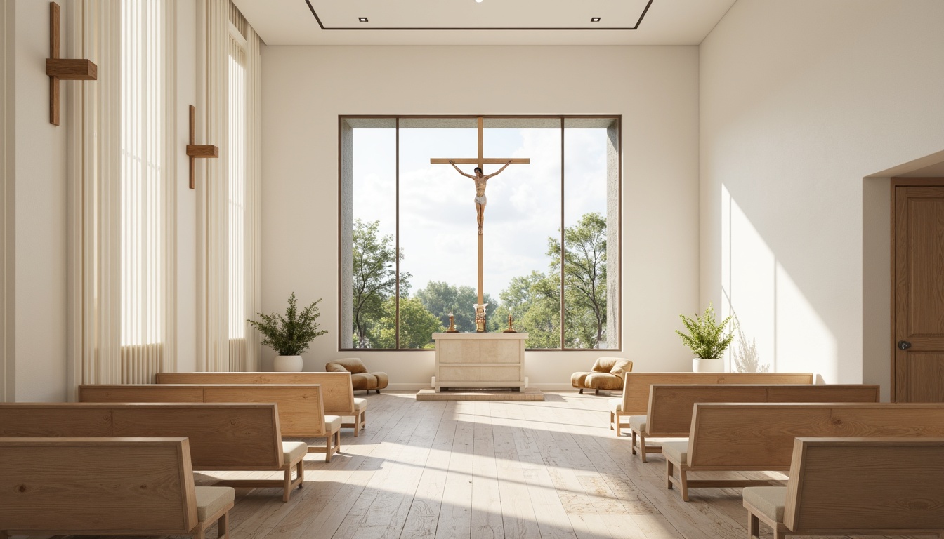 Prompt: Light-filled Scandinavian church interior, minimalist wooden pews, sleek altar tables, Nordic-inspired crucifixes, pale wood flooring, cream-colored walls, floor-to-ceiling windows, natural light pouring in, modern candle holders, geometric-patterned rugs, functional built-in benches, clean-lined pulpits, subtle cross motifs, warm beige upholstery, cozy reading nooks, airy open spaces, soft ambient lighting, shallow depth of field, 3/4 composition, realistic textures.