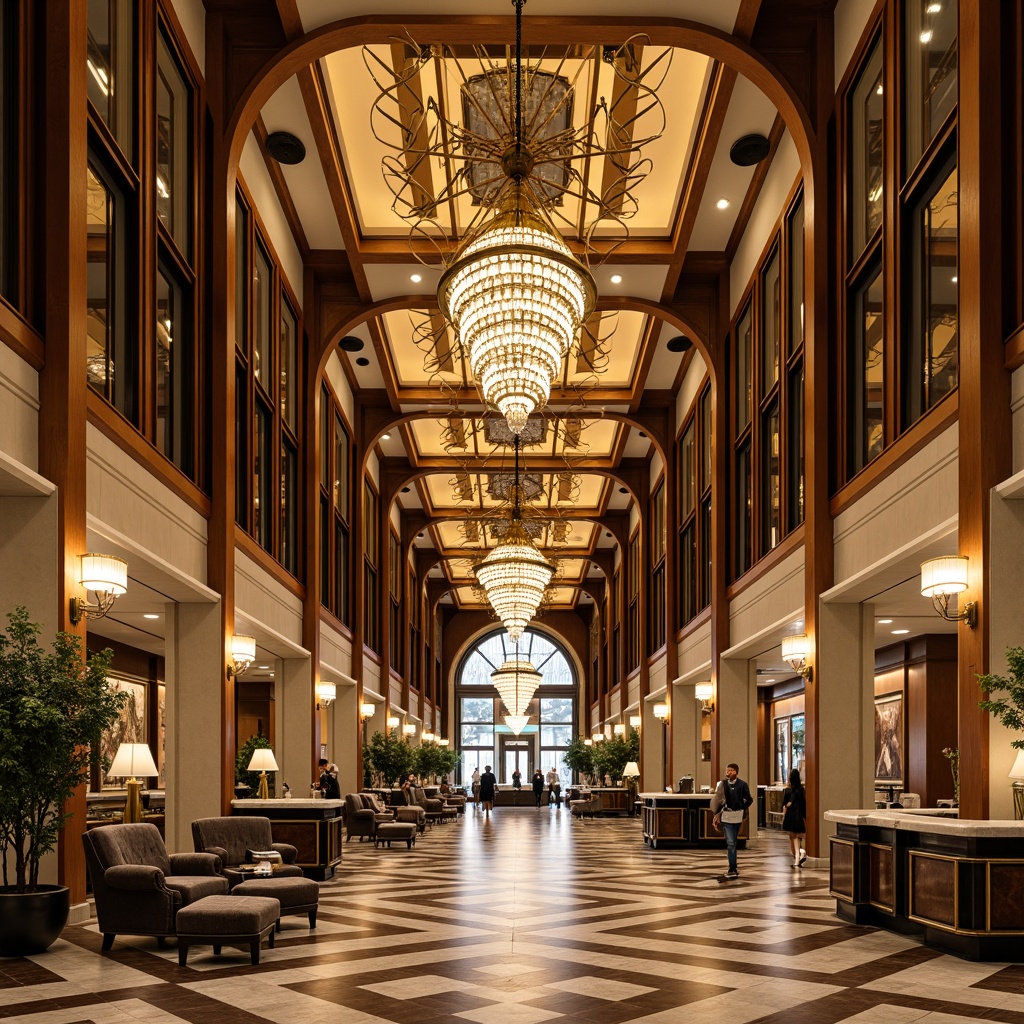 Prompt: Luxurious hotel lobby, ornate chandeliers, metallic accents, geometric patterns, chevron floors, marble countertops, curved lines, opulent furnishings, velvet drapes, gilded frames, sunburst motifs, zigzag designs, lavish decorations, warm golden lighting, shallow depth of field, 1/1 composition, symmetrical view, realistic reflections, ambient occlusion.