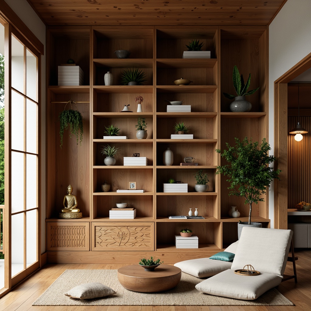 Prompt: Minimalist shelving unit, warm wooden tones, subtle Asian-inspired carvings, natural fiber rugs, paper lanterns, sliding shoji screens, low-seating furniture, serene Buddha statues, lush greenery, bamboo accents, earthy color palette, soft diffused lighting, 1/2 composition, cozy reading nook, realistic wood textures, ambient occlusion.