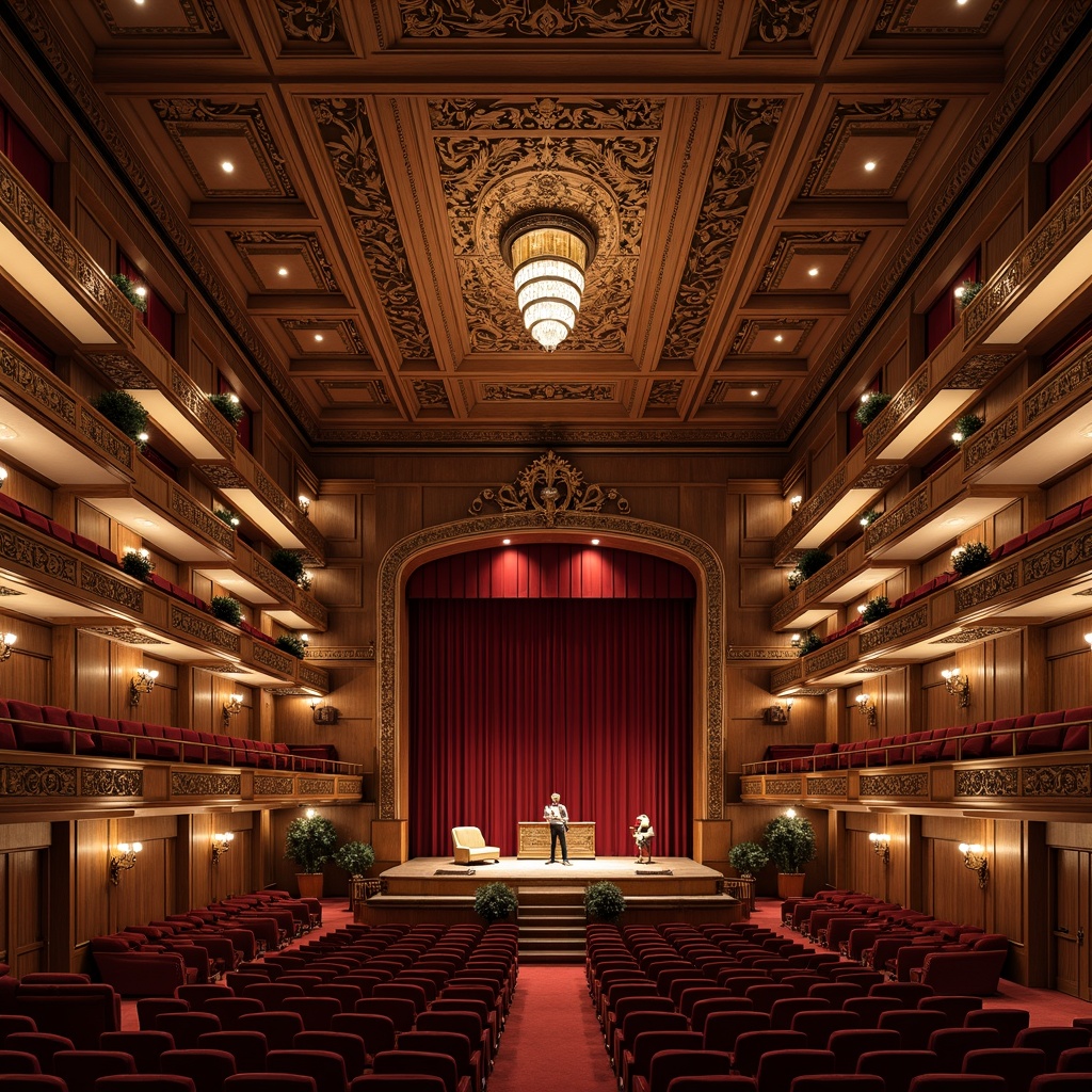 Prompt: Intimate traditional performing arts center, ornate wooden paneling, rich velvet curtains, plush red seats, golden accents, intricate carvings, high ceilings, ornamental chandeliers, warm soft lighting, diffused natural light, acoustic panels, sound-absorbing materials, minimal modern equipment, elegant balconies, grand staircases, luxurious lobbies, refined wood tones, subtle texture variations, shallow depth of field, 1/2 composition, realistic reflections, ambient occlusion.