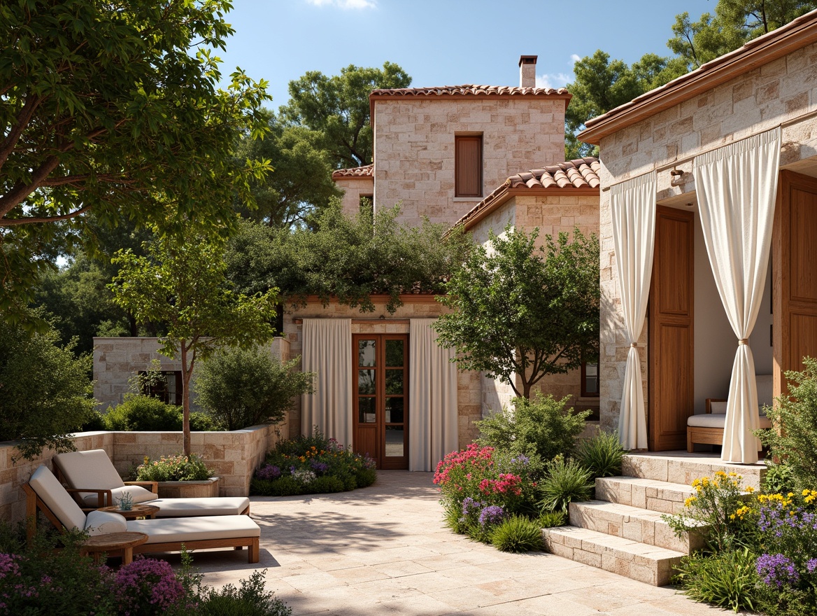 Prompt: Warm Mediterranean villa, rustic stone walls, terracotta rooftops, lush greenery, vibrant flowers, wooden shutters, distressed wood accents, natural fiber curtains, billowy drapes, linen fabrics, earthy color palette, sunny day, soft warm lighting, shallow depth of field, 3/4 composition, panoramic view, realistic textures, ambient occlusion.