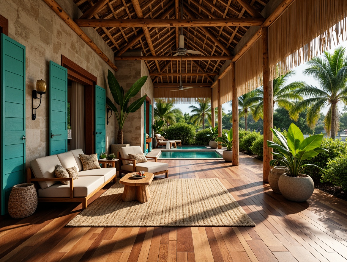 Prompt: Tropical apartment interior, warm wooden floors, exotic hardwood species, bamboo accents, woven rattan patterns, natural fiber rugs, vibrant turquoise hues, lush greenery, potted palm trees, rustic stone walls, reclaimed wood furniture, coastal-inspired decor, soft warm lighting, shallow depth of field, 1/1 composition, realistic textures, ambient occlusion.