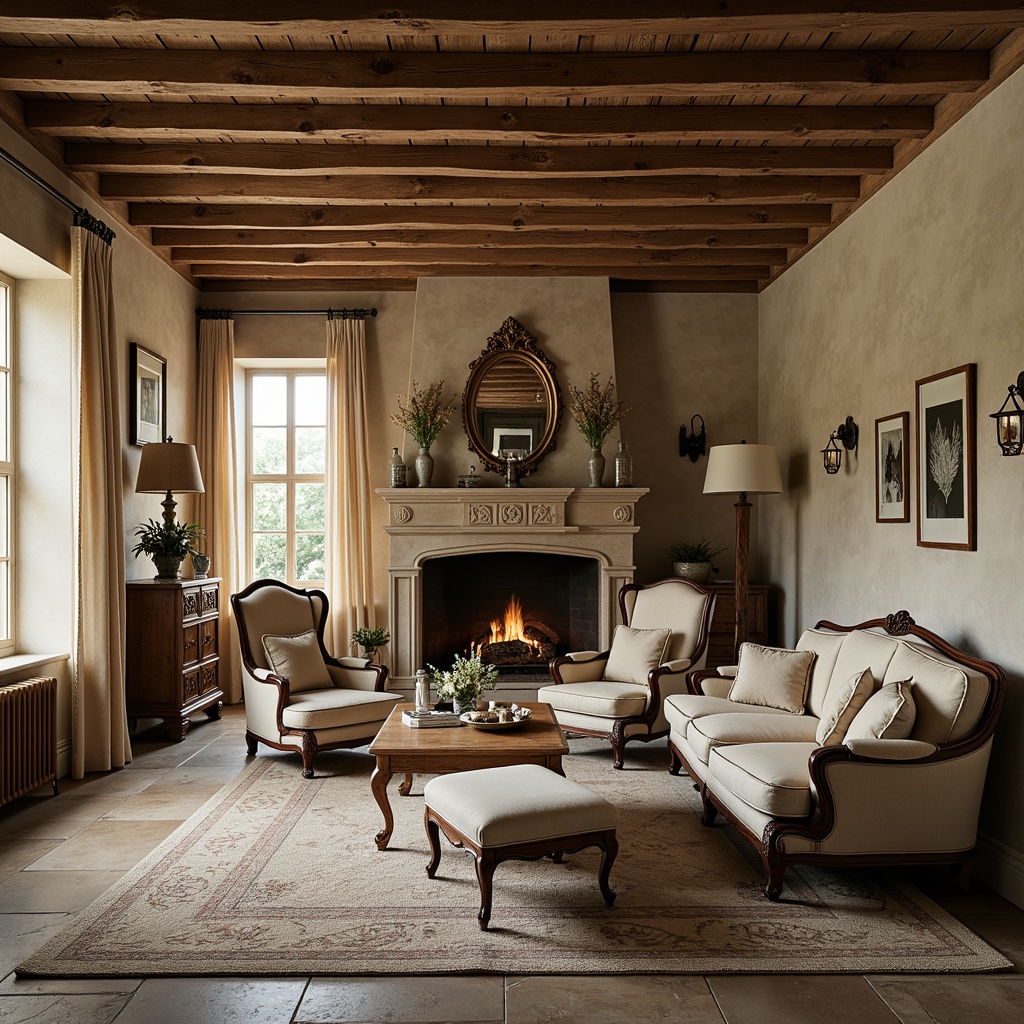 Prompt: Rustic French country estate, distressed wood furniture, soft velvet upholstery, ornate carvings, elegant curvatures, warm beige tones, natural stone floors, vintage metal accents, classic wingback chairs, plush area rugs, charming cabriole legs, delicate lace curtains, subtle linen textures, warm candlelight, soft warm colors, 1/1 composition, intimate atmosphere, cozy nooks, realistic wood grains, ambient shadows.