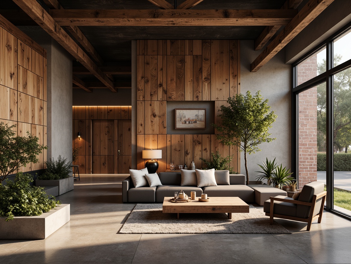 Prompt: Rustic wooden accents, distressed textures, earthy tones, natural stone walls, weathered metal cladding, industrial chic aesthetic, exposed brickwork, concrete floors, rough-hewn wood beams, matte black steel frames, ambient warm lighting, shallow depth of field, 2/3 composition, realistic material rendering, subtle color grading.