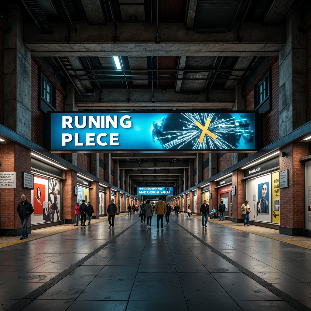 Prompt: Industrial metro station, exposed brick walls, metallic beams, concrete floors, urban signage, bold typography, vibrant neon lights, modern LED displays, futuristic advertisements, dynamic digital screens, abstract geometric patterns, distressed metal textures, rough stone columns, overhead tracks, bustling crowd scenes, fast-paced commuter atmosphere, shallow depth of field, 1/2 composition, low-key lighting, realistic reflections.