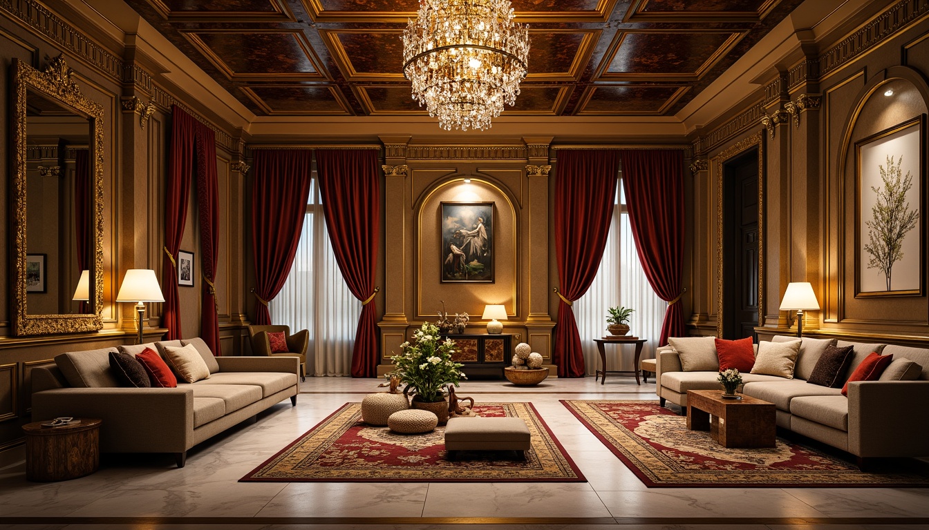 Prompt: Luxurious interior, ornate furnishings, golden accents, lavish textiles, crystal chandeliers, marble floors, velvet drapes, intricate carvings, gilded frames, opulent accessories, dramatic lighting, warm color palette, rich wood tones, plush area rugs, statement pieces, elegant archways, sophisticated ambiance, high-end finishes, refined detailing, 1/1 composition, shallow depth of field, soft focus blur, warm golden hour lighting.