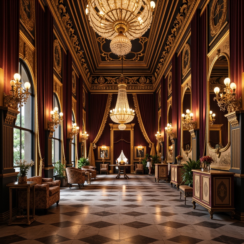 Prompt: Ornate golden accents, lavish velvet fabrics, rich jewel-toned colors, intricate carvings, ornamental mirrors, gilded frames, crystal chandeliers, marble floors, stately columns, regal furnishings, luxurious textiles, opulent drapery, grandiose scale, dramatic lighting, warm ambient glow, shallow depth of field, 1/1 composition, symmetrical framing, high-contrast rendering, detailed ornate patterns.