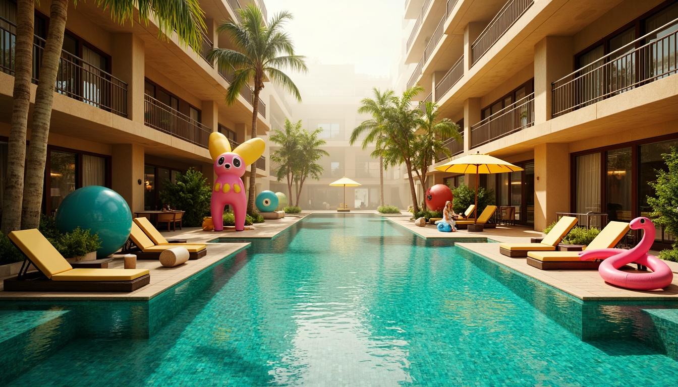 Prompt: Vibrant turquoise water, iridescent tiles, neon-colored pool noodles, futuristic lounge chairs, bold architectural columns, abstract sculptures, playful water features, misty atmosphere, warm golden lighting, shallow depth of field, 1/1 composition, symmetrical framing, vivid color contrast, surreal ambiance, eclectic decorative elements, ornate metal railings, whimsical floating umbrellas.