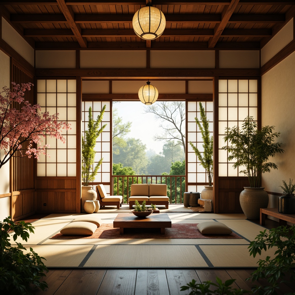 Prompt: Serenity-filled traditional Japanese room, shoji screens, sliding doors, rice paper lanterns, warm soft lighting, natural wood accents, tatami mats, low-seating furniture, vibrant greenery, bamboo plants, cherry blossom branches, subtle aromas, peaceful ambiance, gentle warm glow, 1/2 composition, shallow depth of field, realistic textures, ambient occlusion.