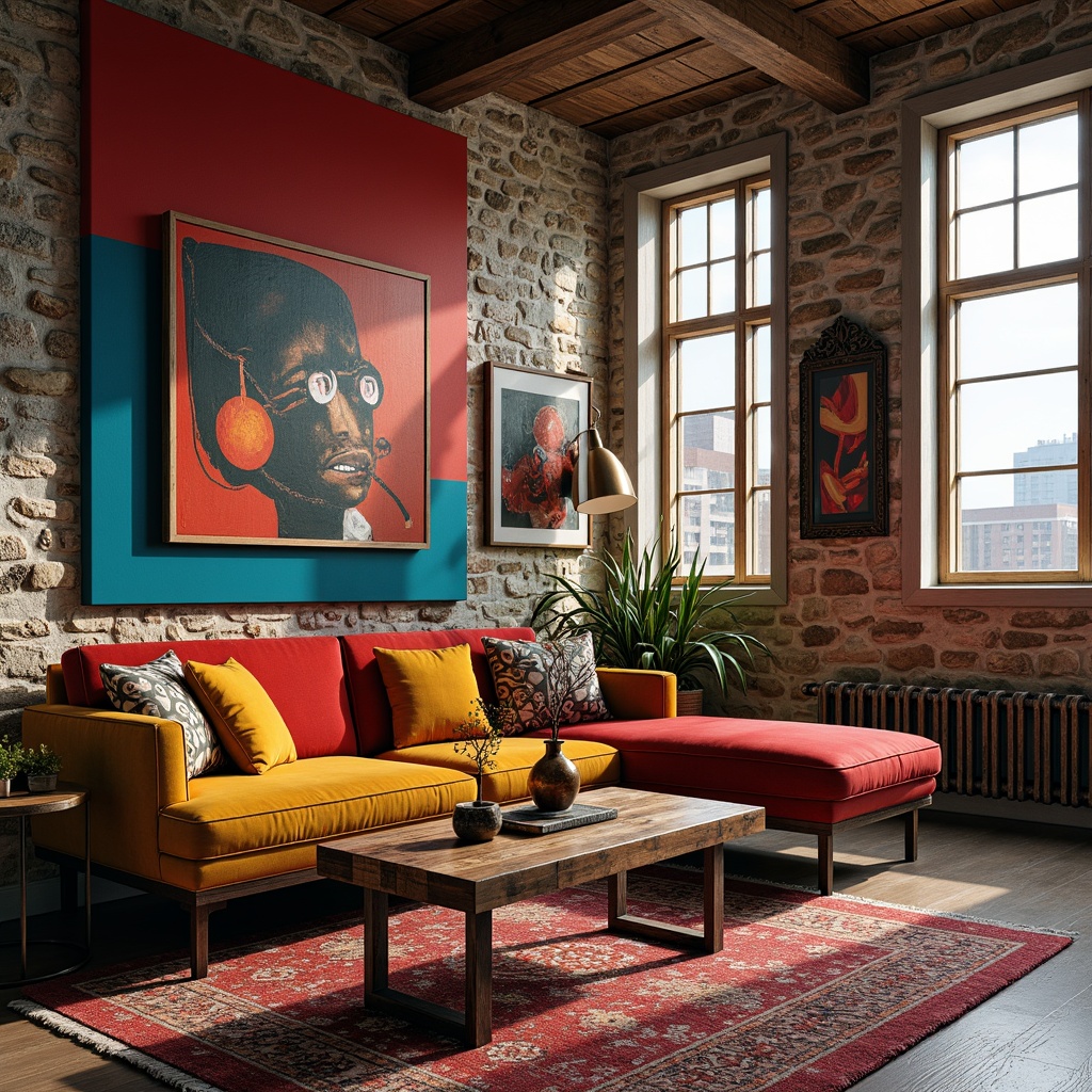 Prompt: Vibrant living room, eclectic furniture, bold color blocking, contrasting textures, rough stone walls, smooth velvet sofas, shiny metal accents, reclaimed wood coffee tables, ornate patterns, abstract artwork, playful lighting fixtures, industrial chic decor, distressed finishes, plush area rugs, oversized windows, natural light pouring in, warm cozy ambiance, 1/1 composition, dramatic shadows, high-contrast color scheme.