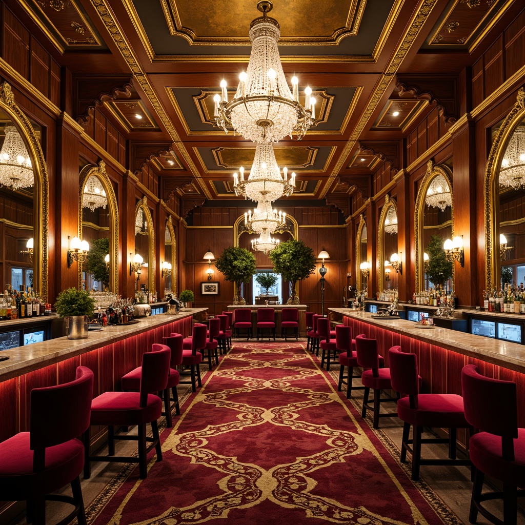 Prompt: Opulent bar interior, lavish gold accents, intricate ornate mirrors, plush velvet upholstery, richly patterned rugs, grand crystal chandeliers, curved wooden paneling, gilded moldings, luxurious marble countertops, ornamental metalwork, antique furnishings, lavish drapery, soft warm lighting, intimate ambiance, shallow depth of field, 1/1 composition, realistic textures, ambient occlusion.