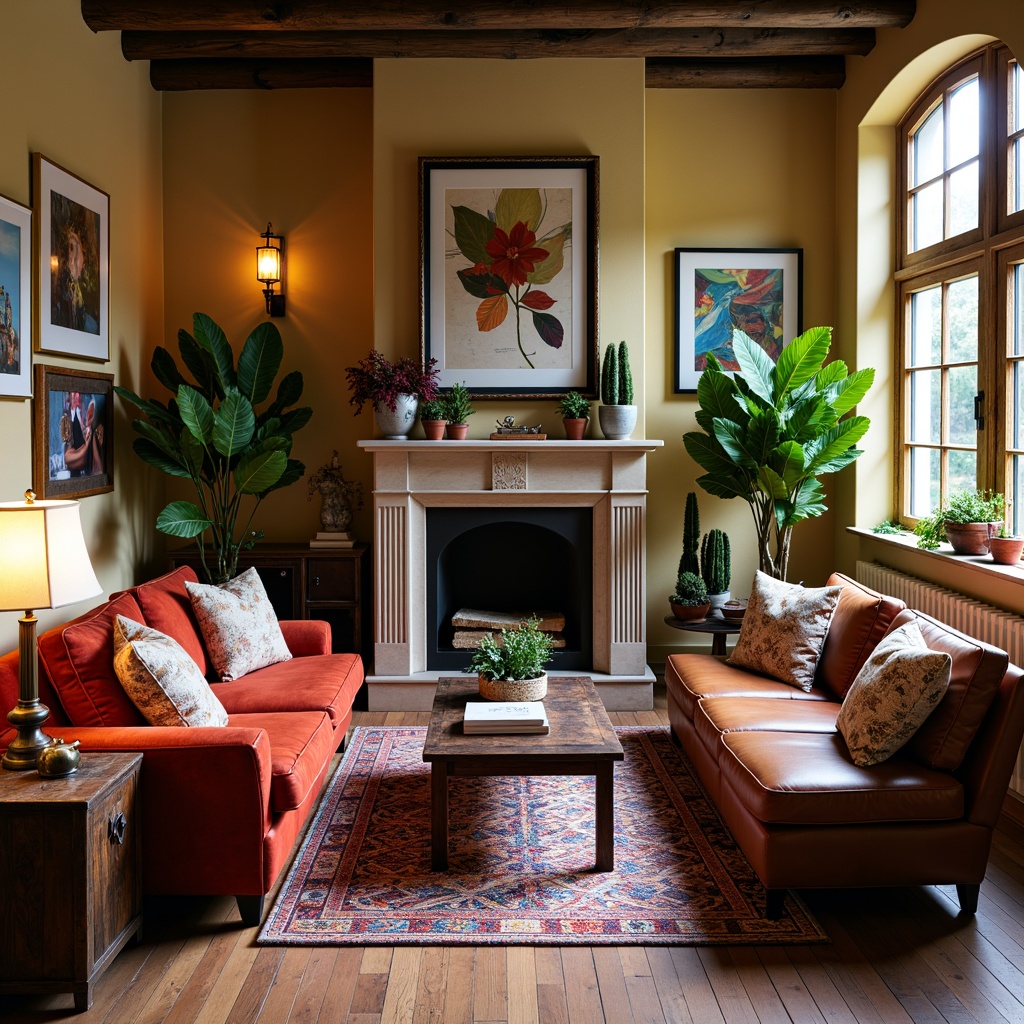 Prompt: Vibrant eclectic living room, plush velvet sofas, reclaimed wooden coffee tables, vintage metal lamps, colorful Moroccan-inspired tiles, distressed leather armchairs, ornate gold frames, lush green potted plants, abstract artwork, natural stone fireplace, soft warm lighting, shallow depth of field, 3/4 composition, realistic textures, ambient occlusion.