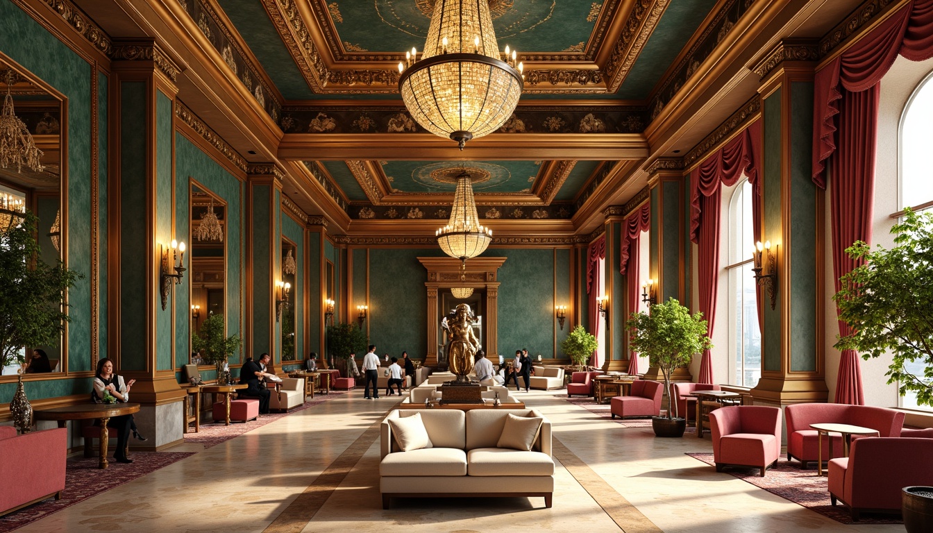 Prompt: Luxurious airport lounge, ornate Baroque details, rich velvet fabrics, golden metallic accents, intricate wooden carvings, majestic chandeliers, soft warm lighting, creamy marble floors, plush furniture, vibrant jewel-toned colors, emerald green walls, sapphire blue ceilings, ruby red accents, bronze statues, ornate mirrors, lavish flower arrangements, aromatic scents, 1/1 composition, shallow depth of field, realistic textures, ambient occlusion.