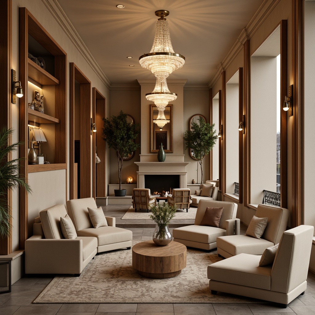 Prompt: Warm beige walls, soft cream accents, rich walnut wood tones, plush velvet fabrics, metallic gold fixtures, elegant crystal chandeliers, natural stone flooring, subtle texture contrasts, atmospheric warm lighting, shallow depth of field, 1/1 composition, realistic reflections, ambient occlusion, cozy reading nooks, sophisticated urban lofts, luxurious residential interiors.