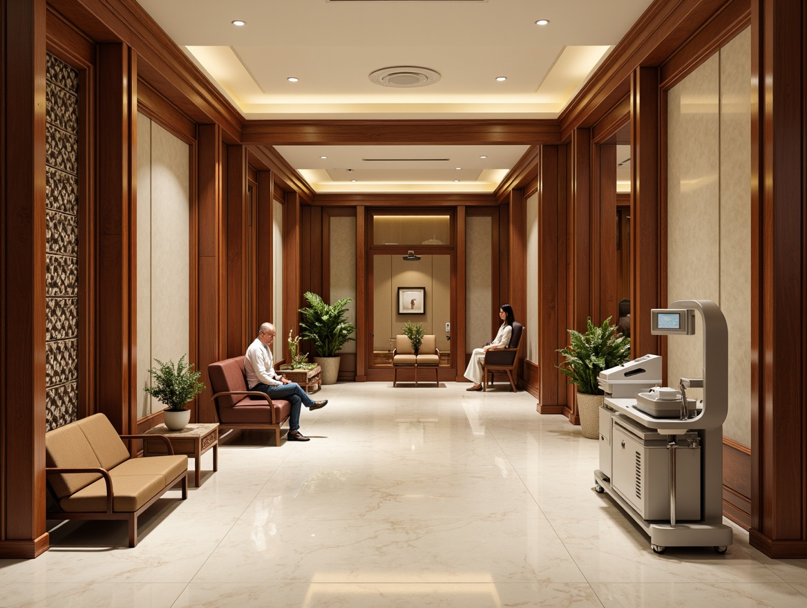 Prompt: Elegant waiting area, rich wood paneling, ornate moldings, luxurious marble floors, stately columns, refined archways, subtle cream-colored walls, soft warm lighting, intricate carvings, comfortable leather sofas, polished chrome fixtures, sophisticated medical equipment, serene atmosphere, 1/1 composition, realistic textures, ambient occlusion, subtle shading.