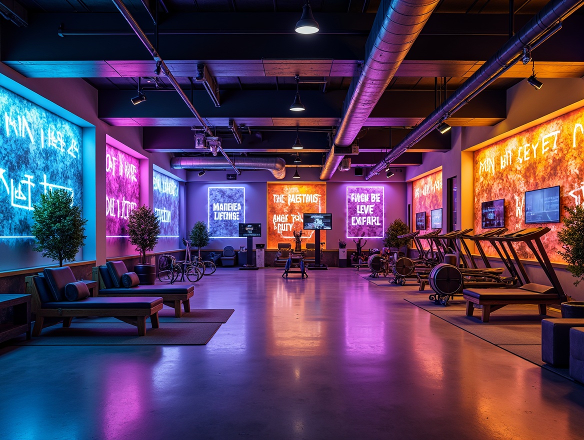 Prompt: Vibrant fitness studio, dynamic neon lights, bold accent walls, industrial metal beams, sleek modern equipment, motivational quotes, high-gloss flooring, energetic color scheme, deep blues, fiery oranges, electric yellows, contrasting whites, dark greys, urban loft atmosphere, overhead lighting, 3-point composition, realistic textures, ambient occlusion.