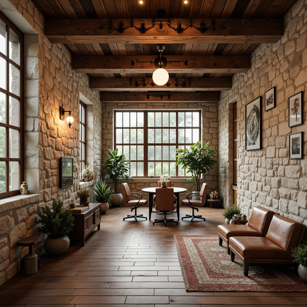 Prompt: Rustic office building, natural stone walls, reclaimed wood accents, earthy color palette, rough-hewn wooden beams, industrial metal fixtures, vintage decorative items, distressed leather furniture, woven textiles, warm atmospheric lighting, shallow depth of field, 3/4 composition, panoramic view, realistic textures, ambient occlusion.