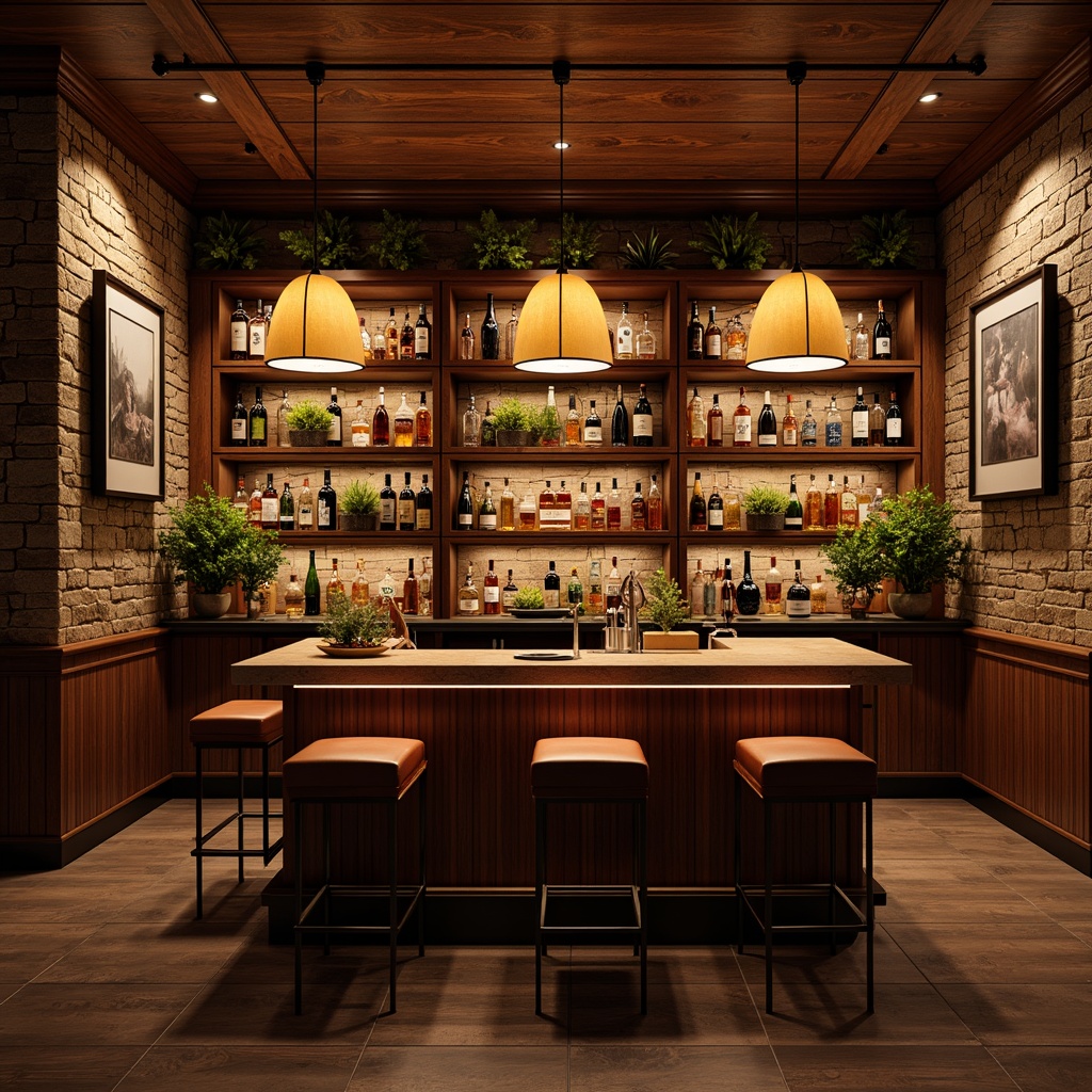 Prompt: Cozy home bar, rich wood tones, dimmable pendant lights, warm ambient glow, LED strip lighting, colorful bottles display, gleaming metal accents, luxurious leather stools, rustic stone walls, intimate seating areas, soft background music, dramatic spotlighting, 1/1 composition, shallow depth of field, realistic textures.