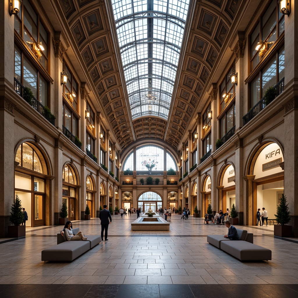 Prompt: Grand airport terminal, high vaulted ceiling, ornate Renaissance details, gilded accents, intricate moldings, marble floors, elegant chandeliers, sweeping archways, stained glass skylights, natural stone columns, modern minimalist seating, sleek steel beams, subtle ambient lighting, soft warm glow, 1/1 composition, symmetrical framing, realistic reflections, detailed textures.