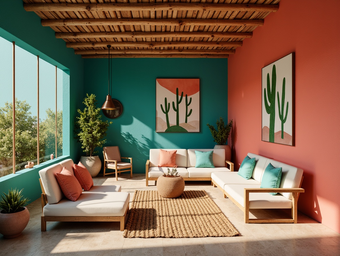 Prompt: Vibrant turquoise accents, earthy terracotta walls, sandy beige floors, natural woven fibers, rustic wooden furniture, bold geometric patterns, bright coral hues, desert-inspired cacti decorations, warm sunny lighting, shallow depth of field, 3/4 composition, panoramic view, realistic textures, ambient occlusion.