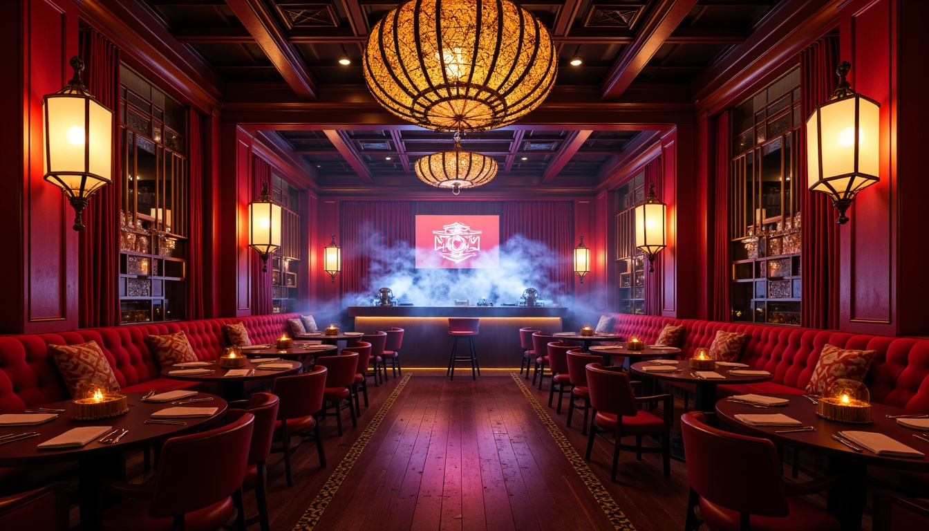 Prompt: Vibrant nightclub interior, dark wood accents, ornate lanterns, golden lighting fixtures, crimson red walls, luxurious velvet drapes, plush couches, neon-lit bar counters, strobe lights, fog machines, dynamic DJ booths, Asian-inspired patterns, intricate carvings, opulent chandeliers, warm cozy ambiance, soft glowing candles, low-key spotlighting, dramatic shadowing, 1/2 composition, cinematic atmosphere, high-contrast lighting, realistic reflections.